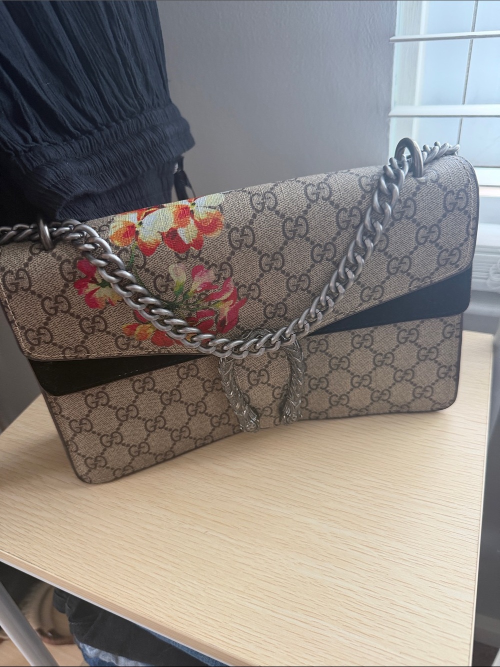 Designer knock off GG Floral Shoulder Bag with Black Trim